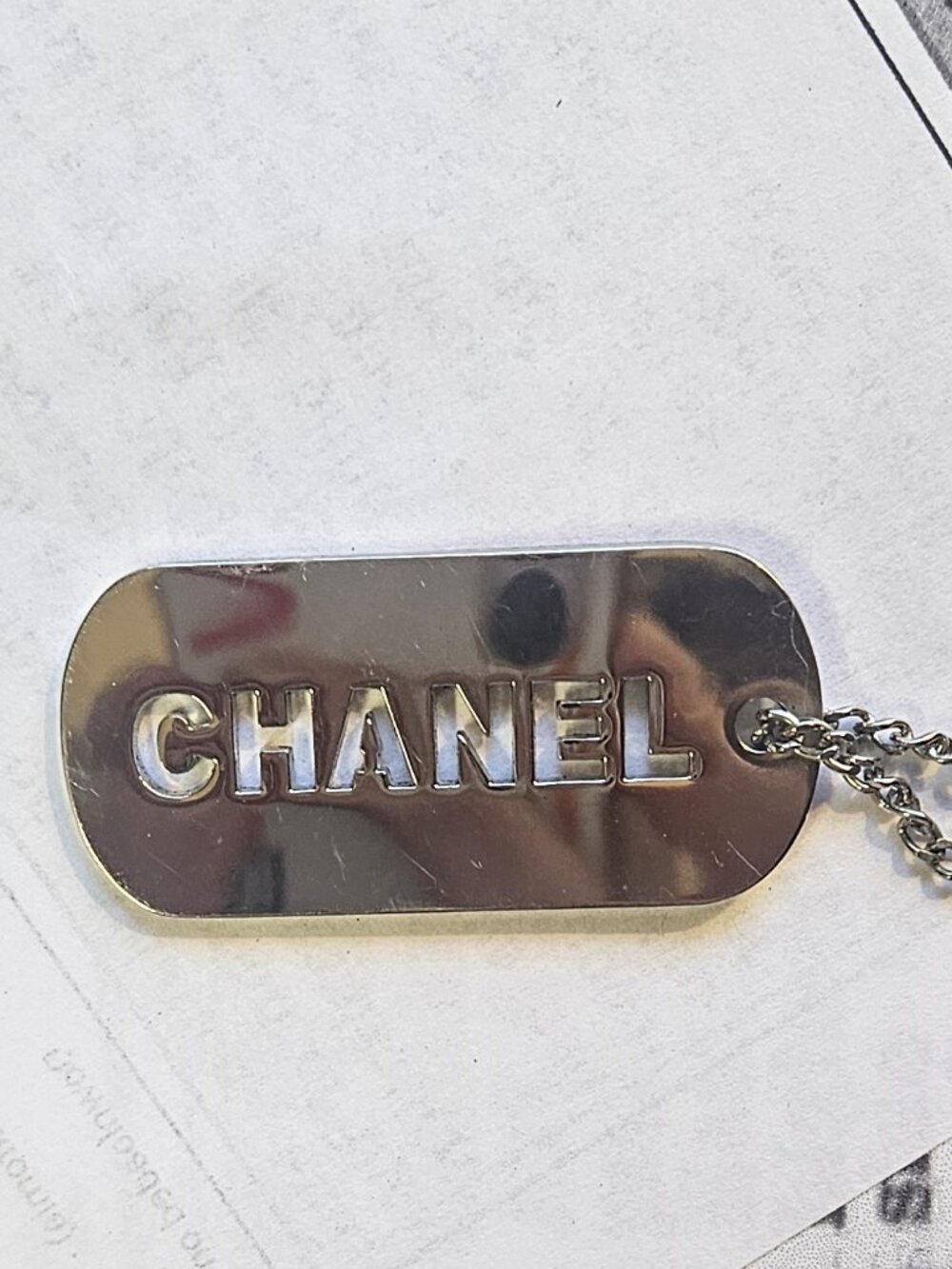 Chanel "dog tag" incised silvertone metal purse charm free shipping